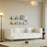 Modern white boucle upholstered fluted 3-seater sofa with pillow for living room seating main product image